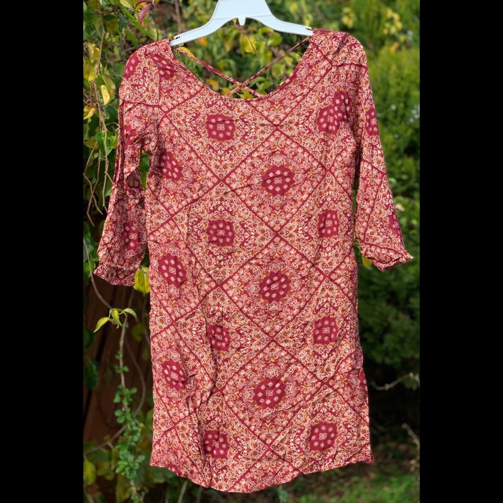 Y2K Boho Paisley Print Burgundy Dress 3/4 sleeve size small